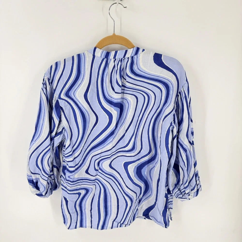 Zara Blue Swirl Print XS Linen Blend V-Neck Puff Sleeve Top Artsy Coastal